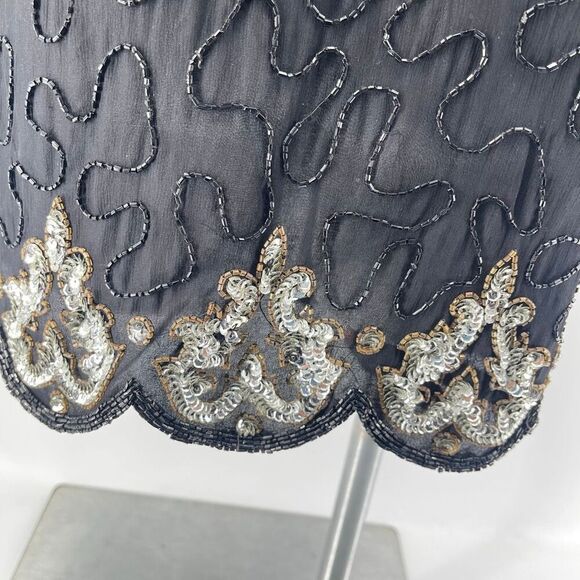 Vintage SCALA Silk Beaded Sequin Evening Glam Jacket Black Open Front XL - Picture 9 of 16